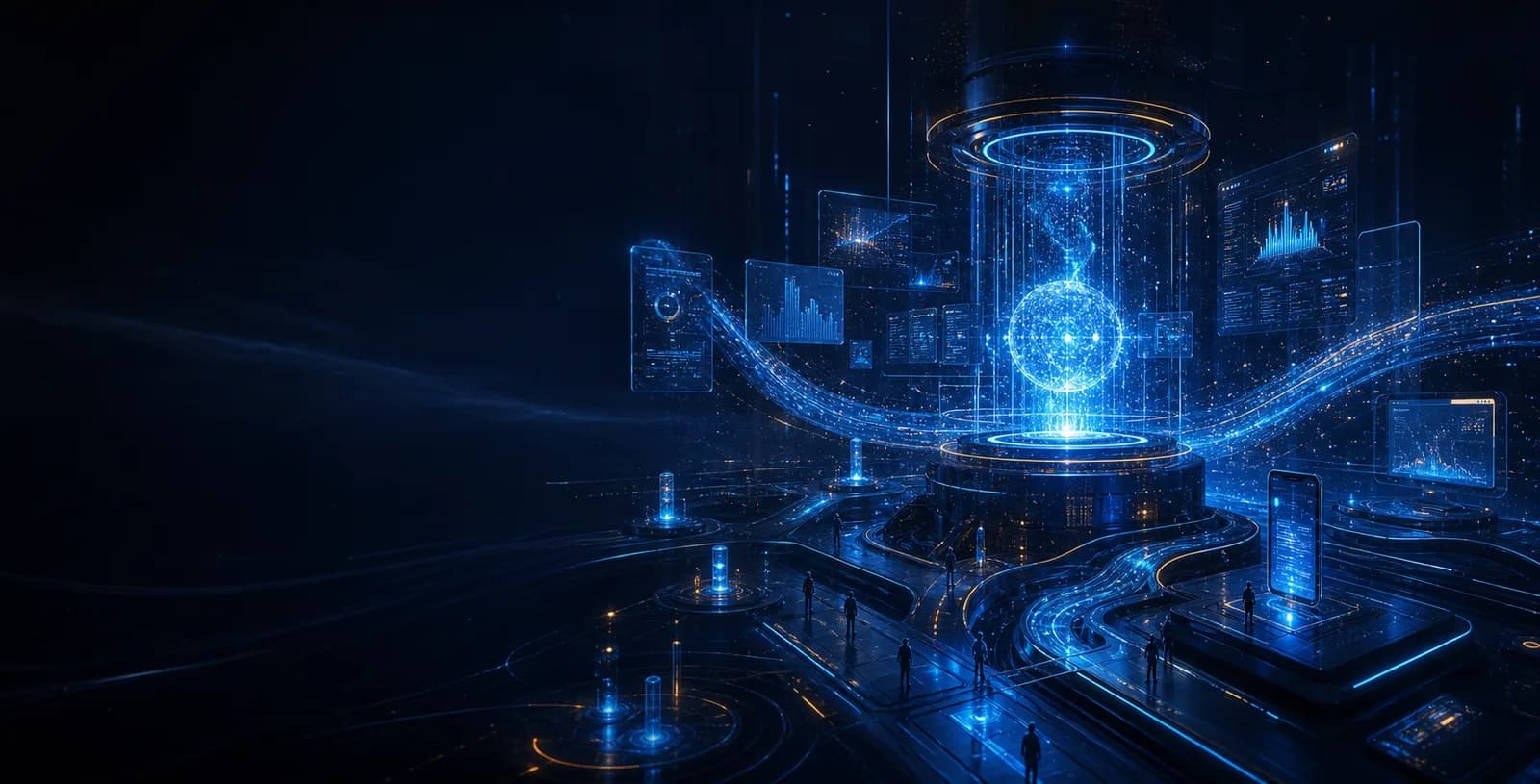 A cinematic digital ecosystem connecting AI, web, mobile and data platforms