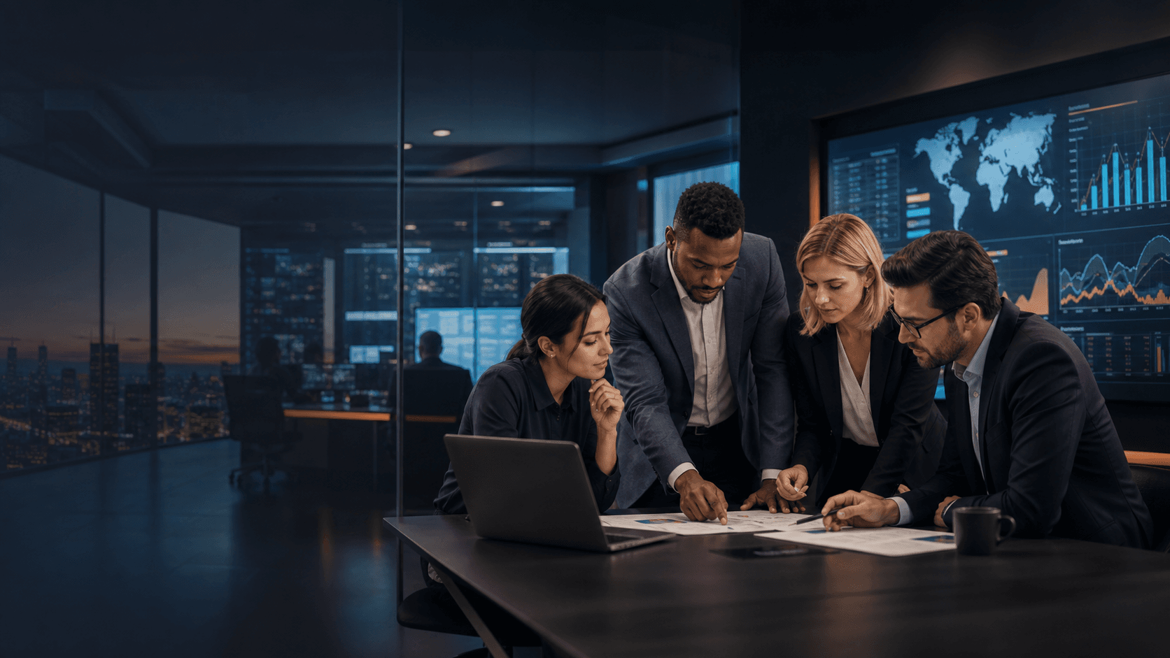 A recruitment operations team reviewing global hiring plans and pipeline analytics