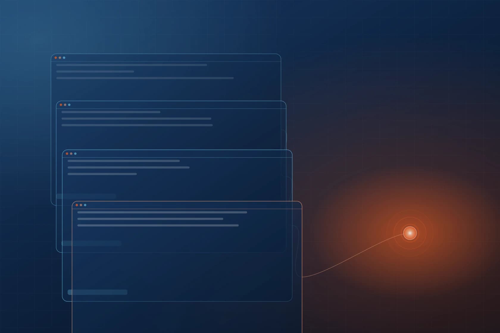 Layered web interface panels connected to a bright build point, representing web development