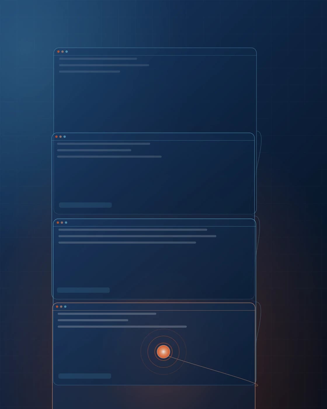 A vertical stack of interface layers resolving into a build point