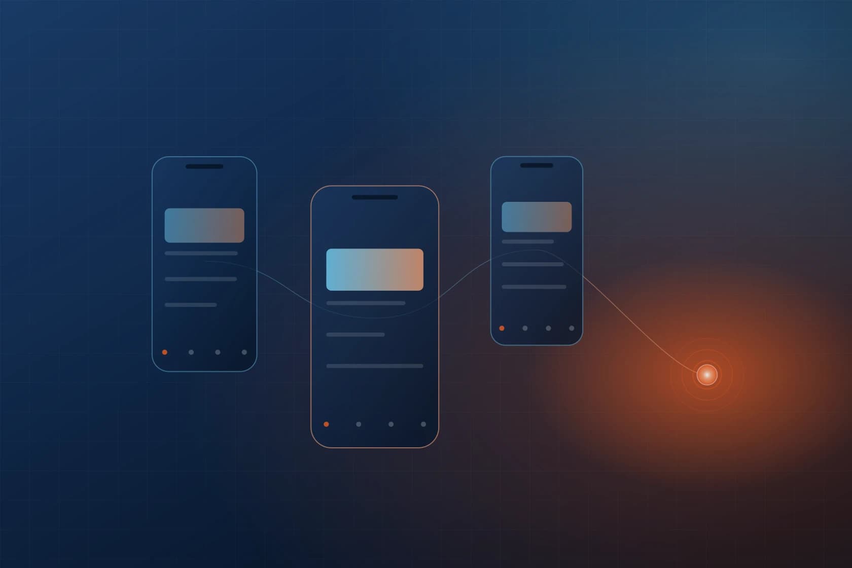A cluster of app device screens connected to a bright build point, representing mobile development